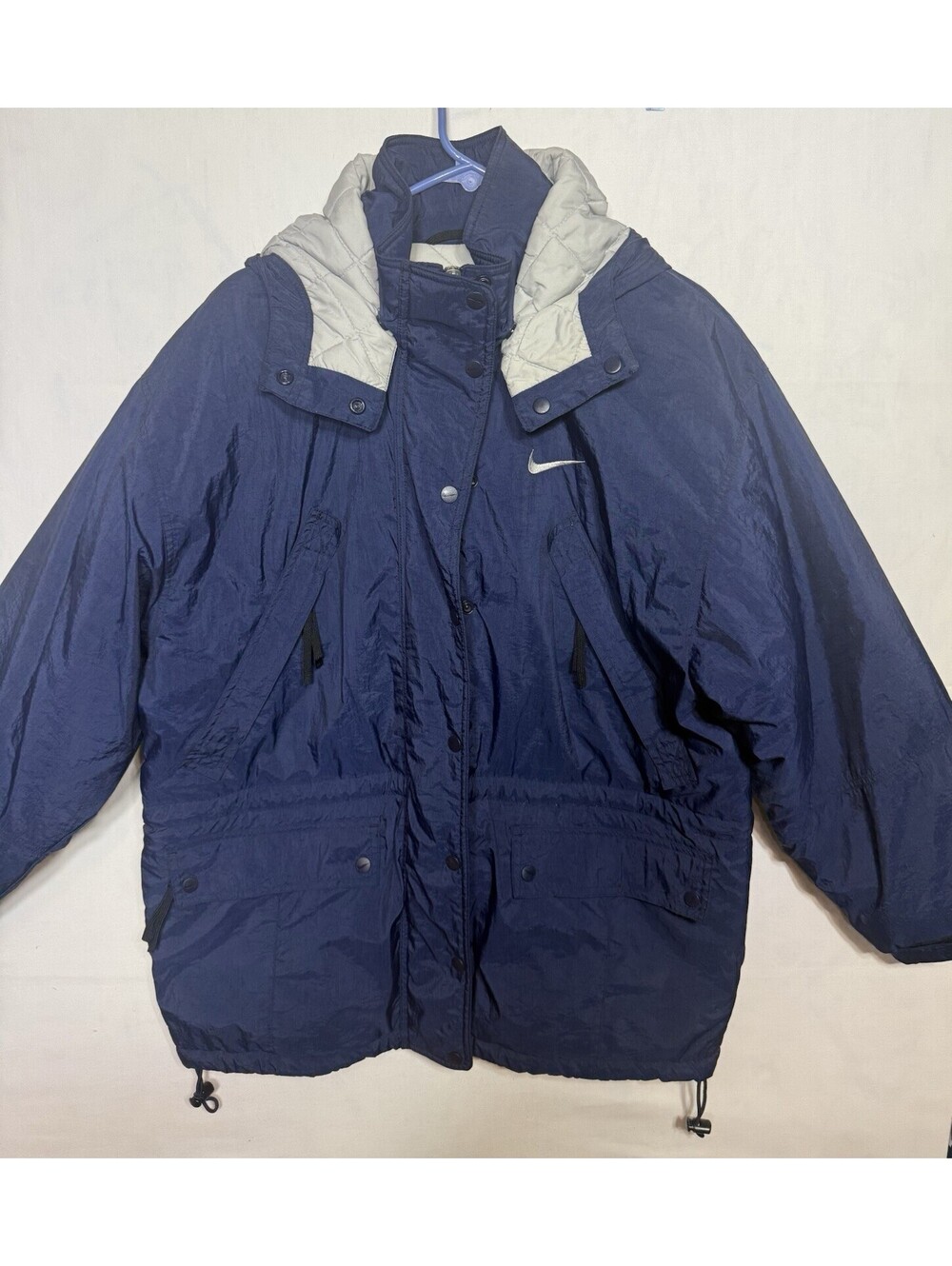 Vintage 90s Nike Grey Tag Navy Blue Heavy Quilted Parka Coat Jacket Small Defect